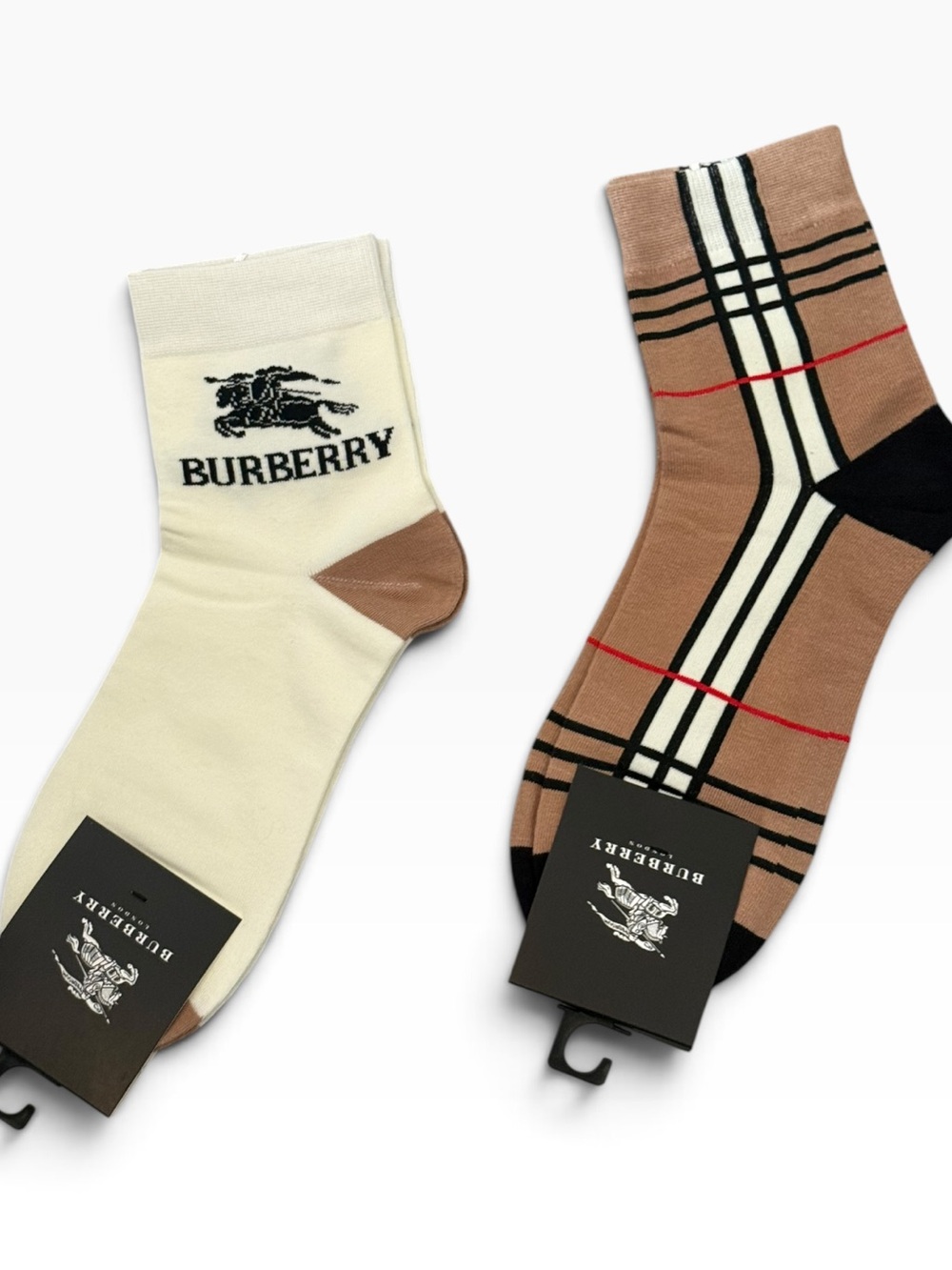 2 Pair Burberry Outlet Ankle Socks with Red & Beige Plaid and Classic Logo